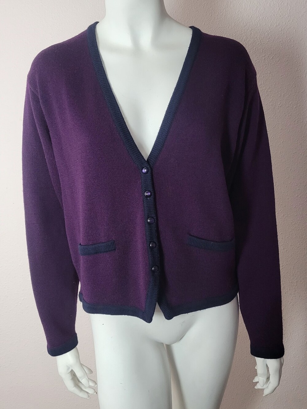 Vintage 80s90s Talbots 100% Merino Wool Tuxedo Cardigan Sweater Purple LargePrem